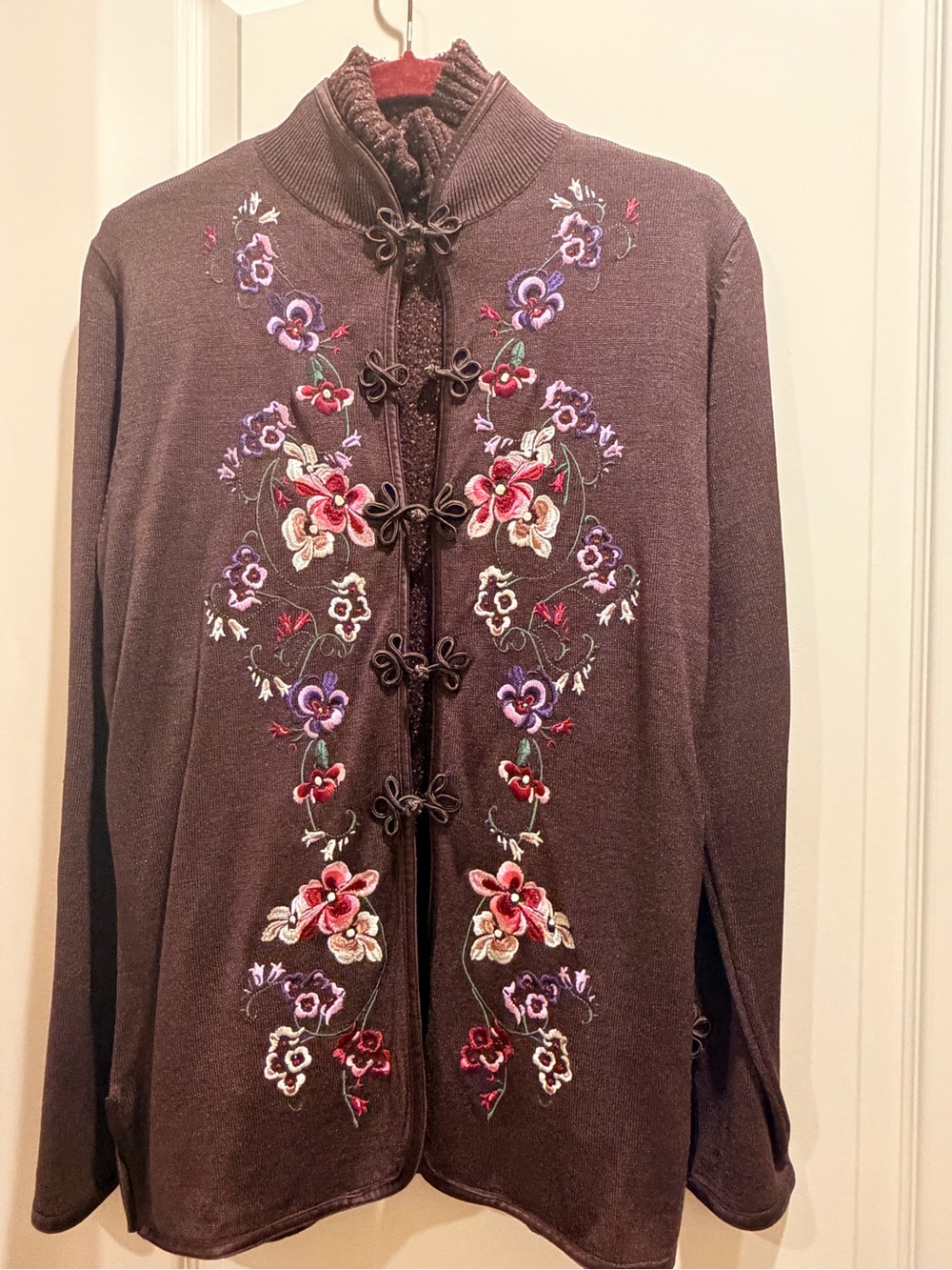 Diane Von Furstenberg Brown Embroidered Floral Mandarin-Closure Cardigan